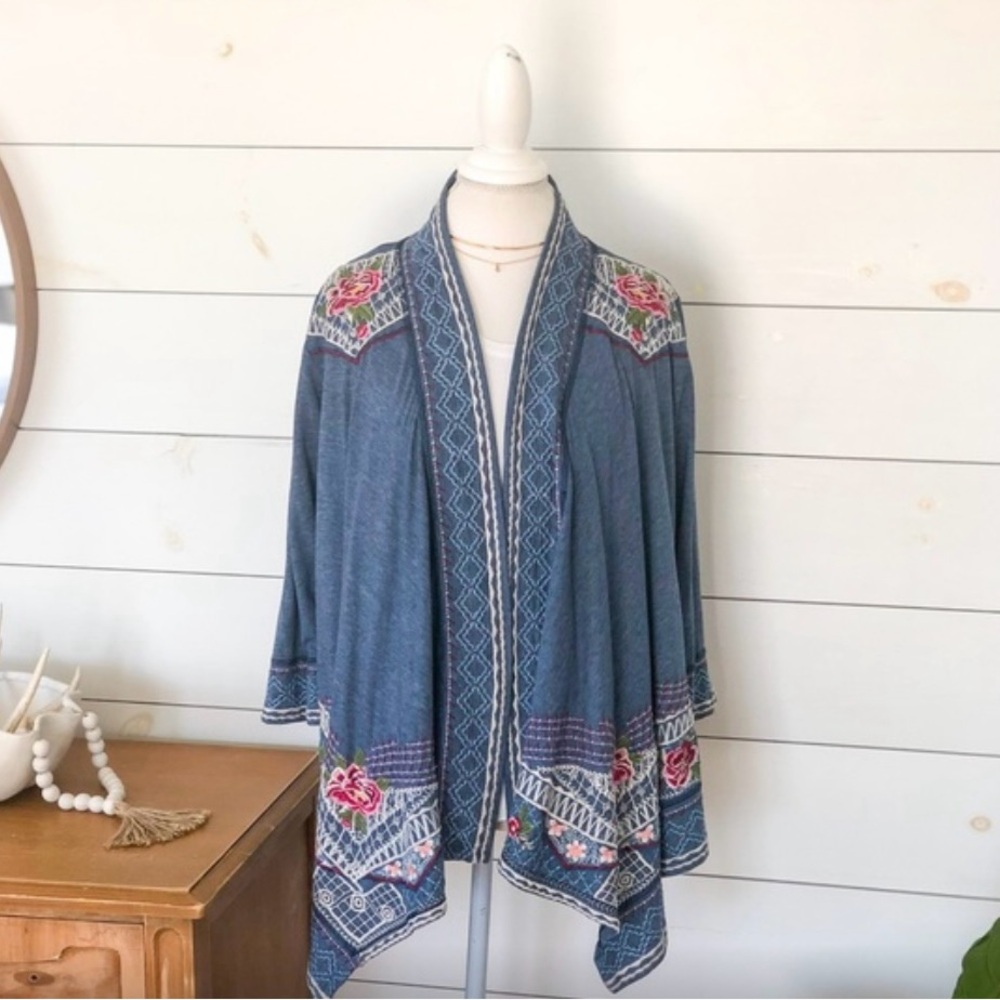 Johnny Was floral embroidered draped cardigan sz L